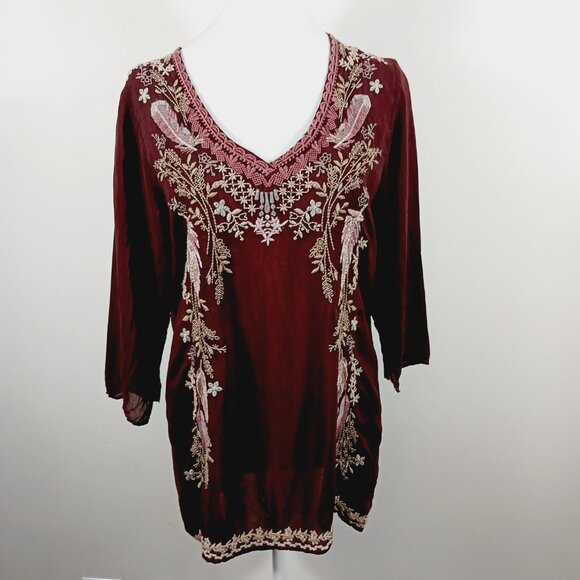 Johnny Was, Burgundy Brown Embroidered Boho Chic Top, Lt. Wt., Semi-Sheer, Small - Picture 3 of 16